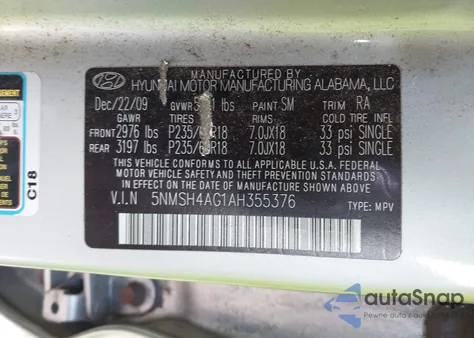 2010 Hyundai Santa Fe Se z USA, uszkodzony, nr VIN 5NMSH4AG1AH355376